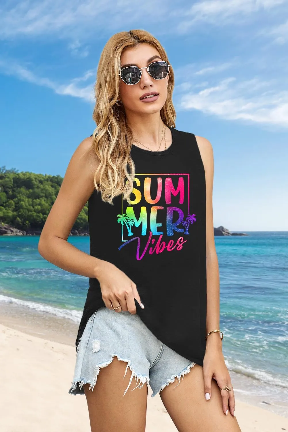 PECHAR Hawaiian Shirts for Women Palm Trees Beach Tank Tops Sunset Graphic Tees Summer Vacation Sleeveless Outfits