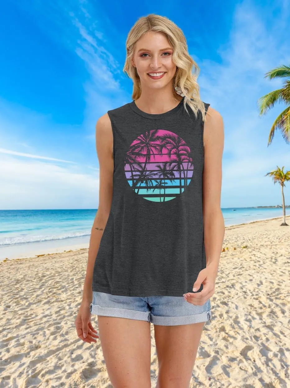 PECHAR Hawaiian Shirts for Women Palm Trees Beach Tank Tops Sunset Graphic Tees Summer Vacation Sleeveless Outfits