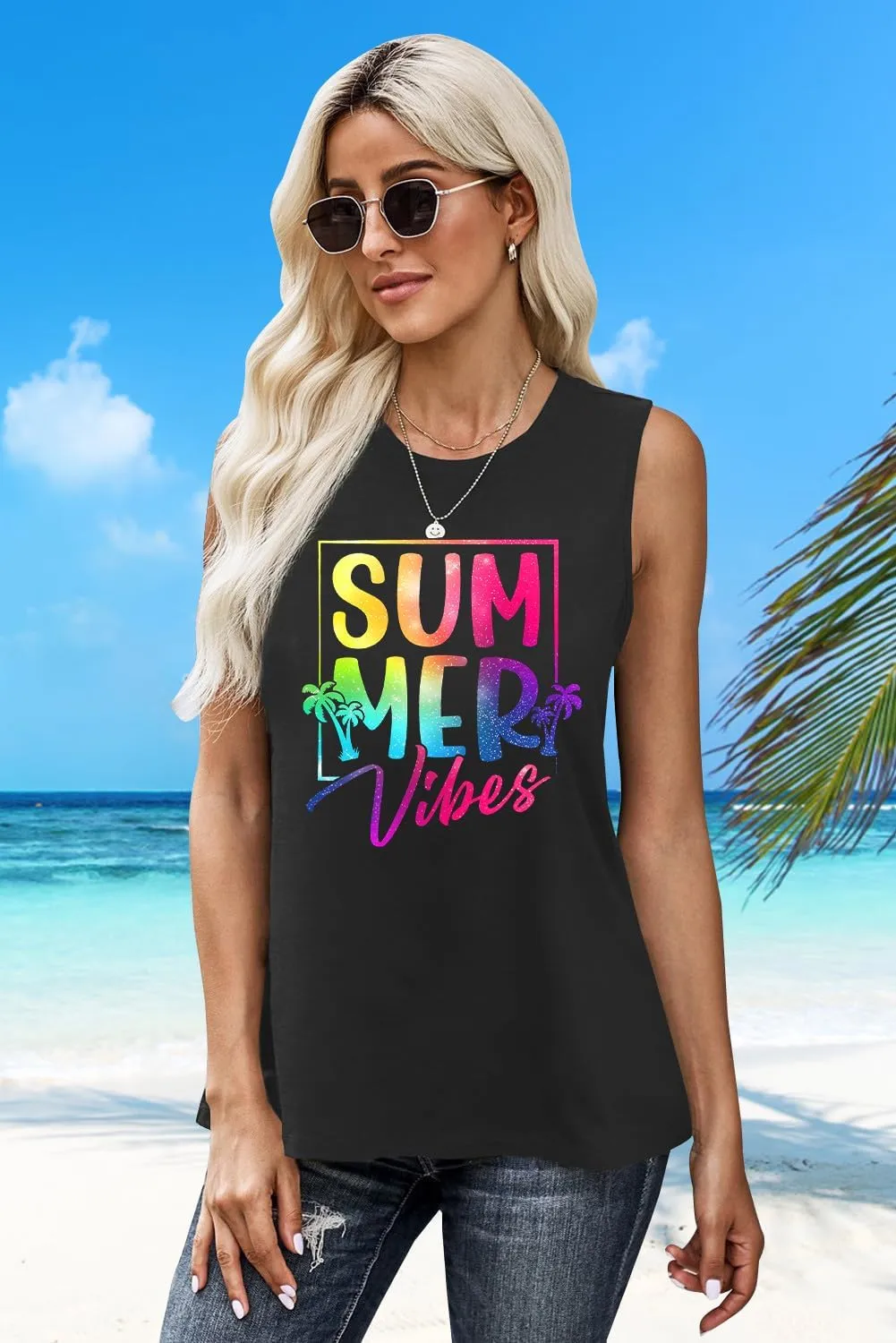 PECHAR Hawaiian Shirts for Women Palm Trees Beach Tank Tops Sunset Graphic Tees Summer Vacation Sleeveless Outfits