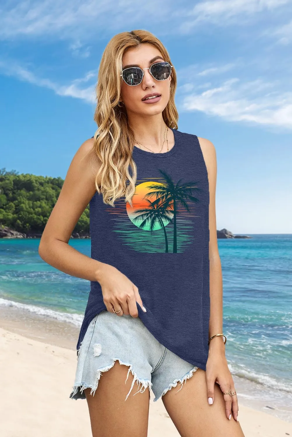 PECHAR Hawaiian Shirts for Women Palm Trees Beach Tank Tops Sunset Graphic Tees Summer Vacation Sleeveless Outfits