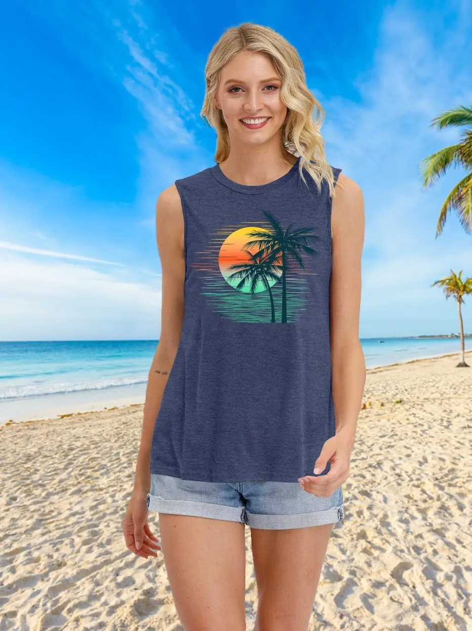 PECHAR Hawaiian Shirts for Women Palm Trees Beach Tank Tops Sunset Graphic Tees Summer Vacation Sleeveless Outfits