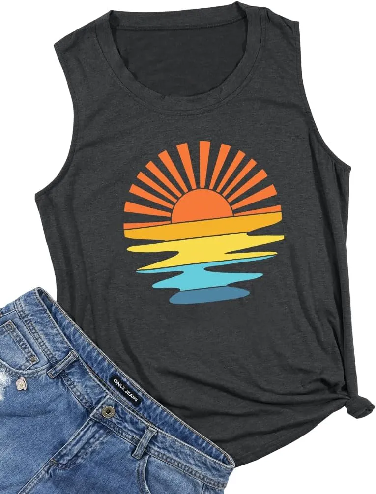 PECHAR Hawaiian Shirts for Women Palm Trees Beach Tank Tops Sunset Graphic Tees Summer Vacation Sleeveless Outfits