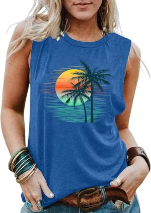 PECHAR Hawaiian Shirts for Women Palm Trees Beach Tank Tops Sunset Graphic Tees Summer Vacation Sleeveless Outfits