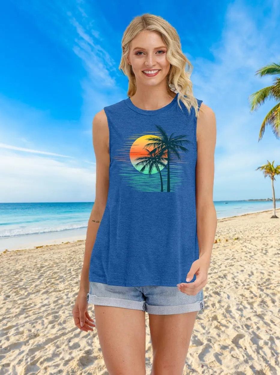 PECHAR Hawaiian Shirts for Women Palm Trees Beach Tank Tops Sunset Graphic Tees Summer Vacation Sleeveless Outfits