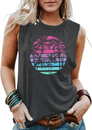 PECHAR Hawaiian Shirts for Women Palm Trees Beach Tank Tops Sunset Graphic Tees Summer Vacation Sleeveless Outfits