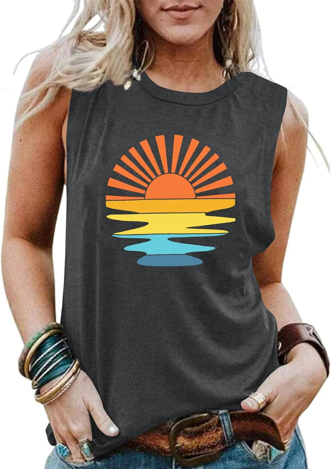 PECHAR Hawaiian Shirts for Women Palm Trees Beach Tank Tops Sunset Graphic Tees Summer Vacation Sleeveless Outfits