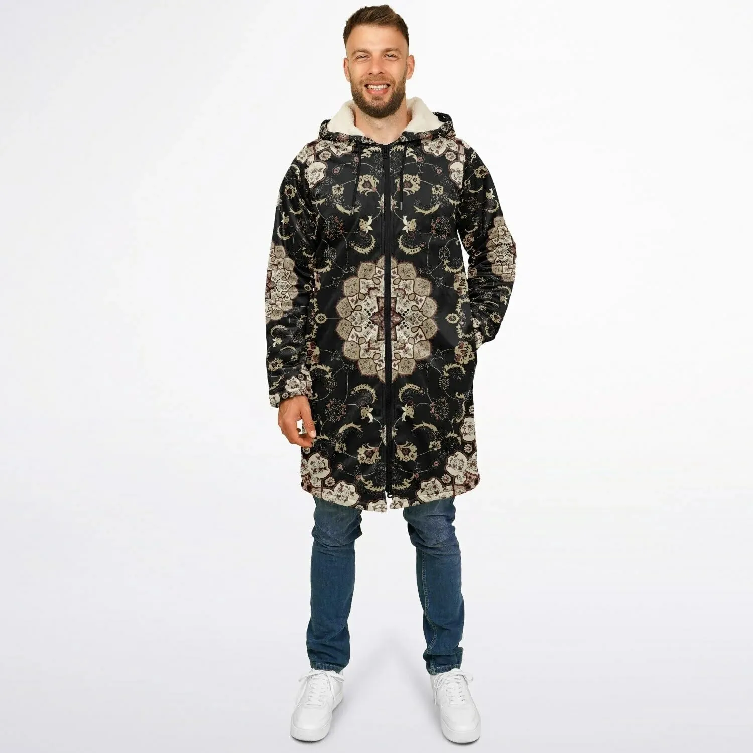 Persian Carpet Cuddle Coat - Unisex Sherpa Lined Hooded Coat, Minky Festival Cloak, Cozy Coat for Men & Women