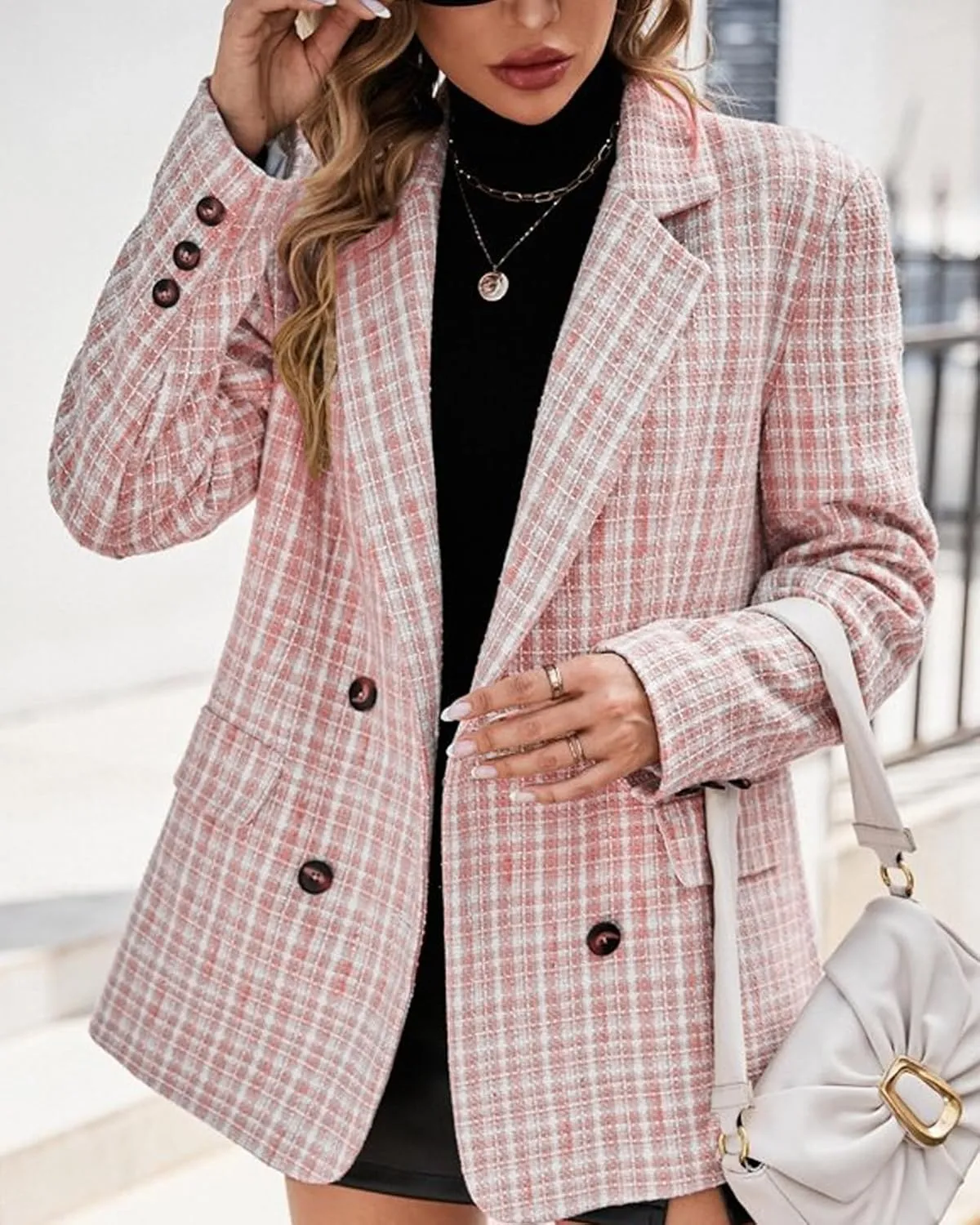 Plaid Tweed Blazer Jacket for Women 2024 Fashion Elegant Open Front Casual Work Office Pocket Suit Coat(S-XXL)