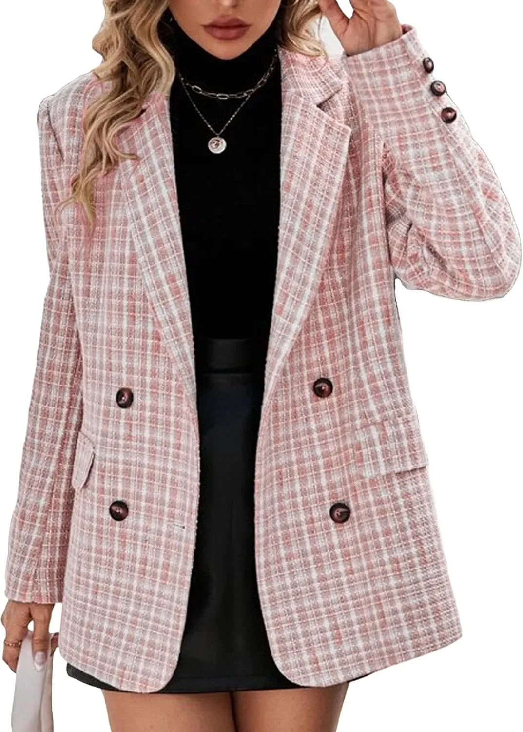 Plaid Tweed Blazer Jacket for Women 2024 Fashion Elegant Open Front Casual Work Office Pocket Suit Coat(S-XXL)