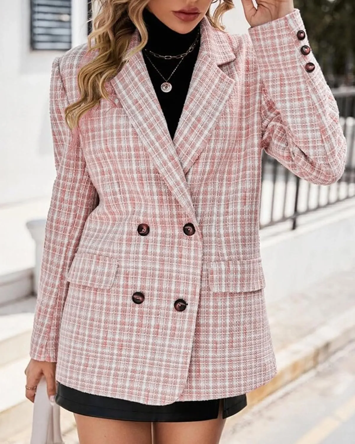 Plaid Tweed Blazer Jacket for Women 2024 Fashion Elegant Open Front Casual Work Office Pocket Suit Coat(S-XXL)
