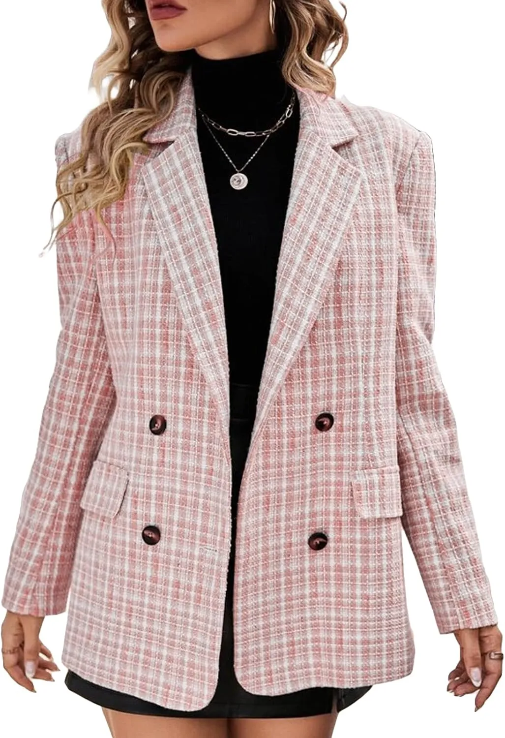 Plaid Tweed Blazer Jacket for Women 2024 Fashion Elegant Open Front Casual Work Office Pocket Suit Coat(S-XXL)