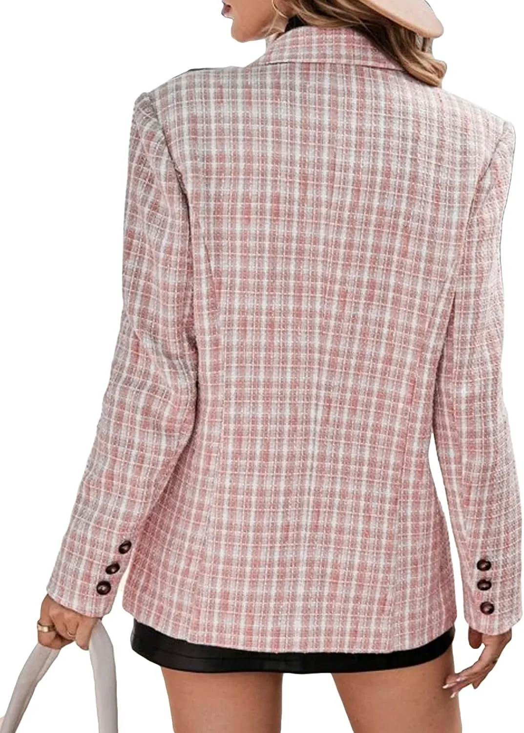 Plaid Tweed Blazer Jacket for Women 2024 Fashion Elegant Open Front Casual Work Office Pocket Suit Coat(S-XXL)