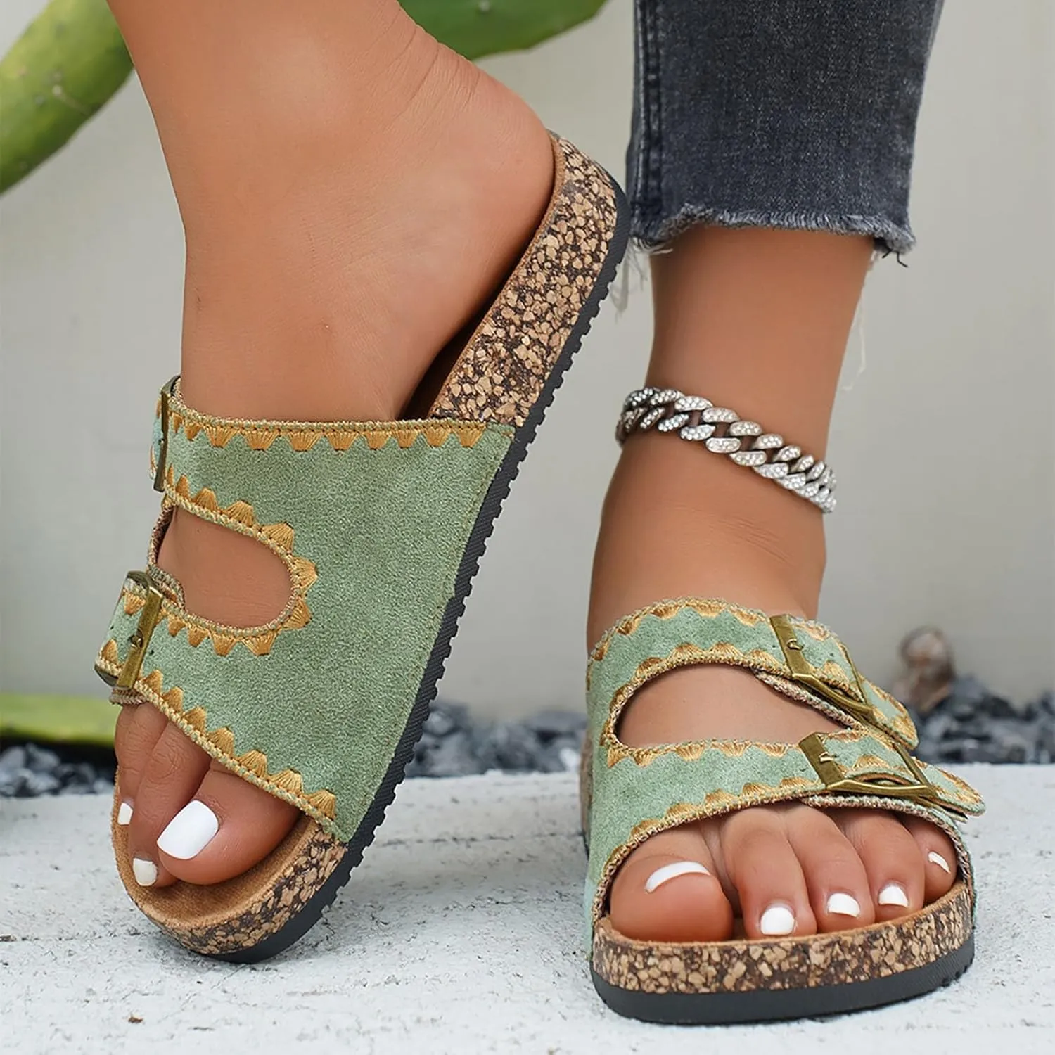 Platform Suede Sandals for Women Soft Cork Footbed Summer Slides with Adjustable Buckle Memory Foam Flat Footwear