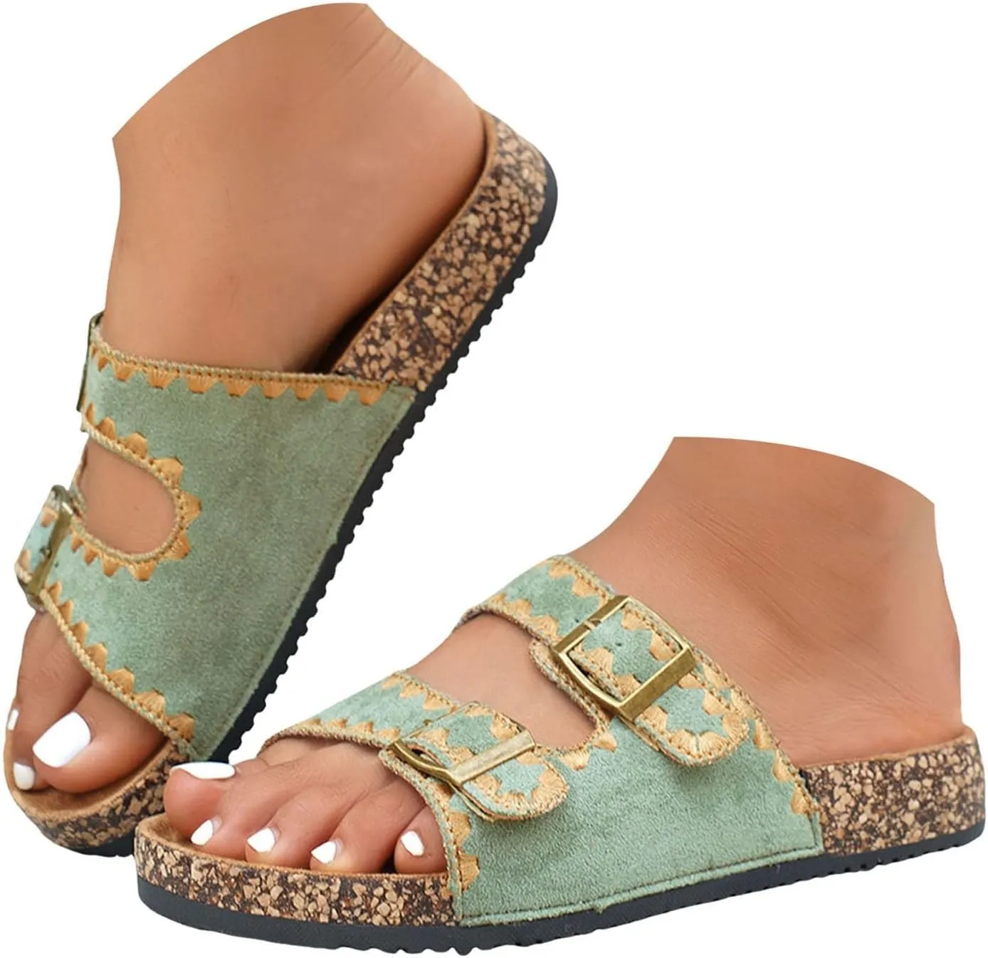 Platform Suede Sandals for Women Soft Cork Footbed Summer Slides with Adjustable Buckle Memory Foam Flat Footwear