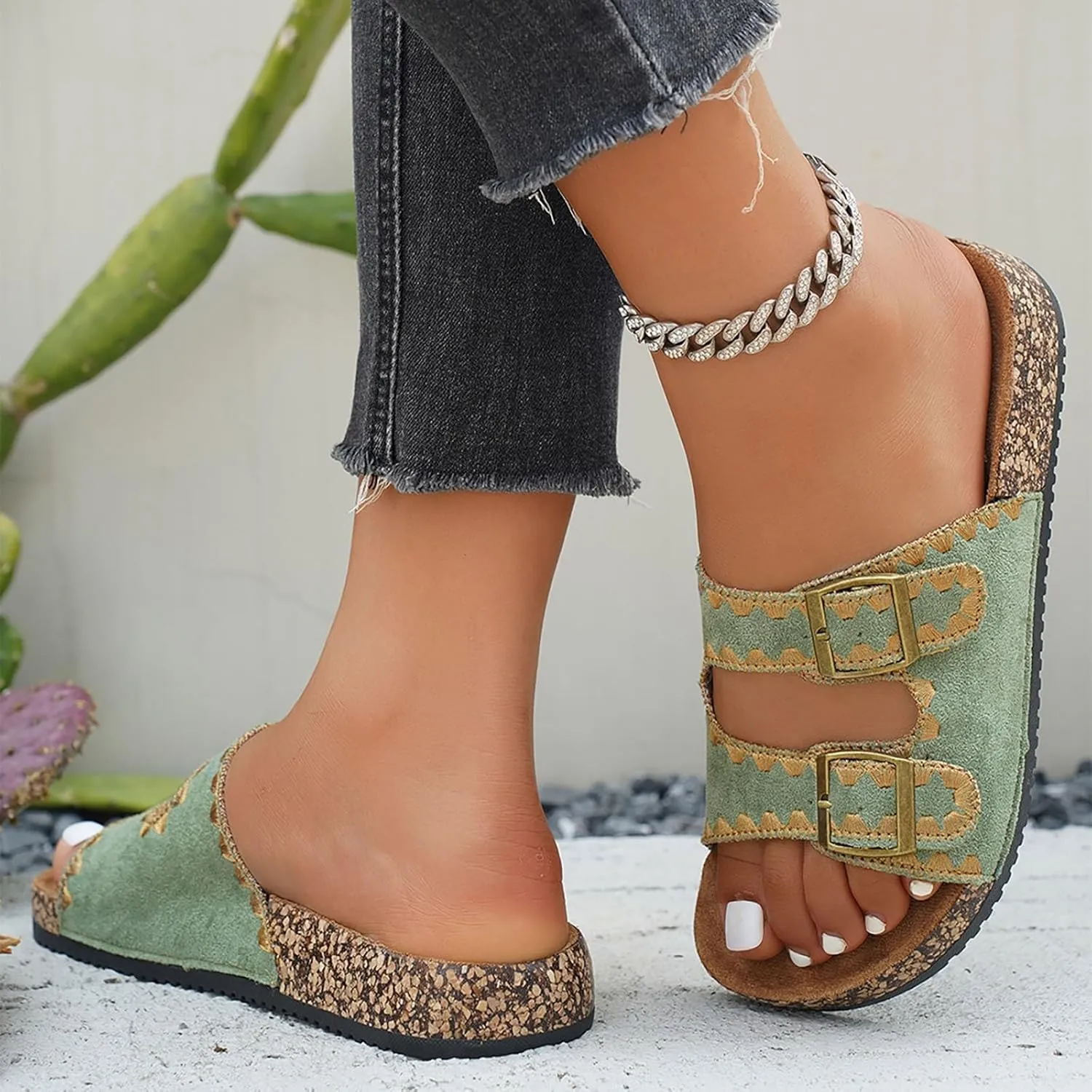 Platform Suede Sandals for Women Soft Cork Footbed Summer Slides with Adjustable Buckle Memory Foam Flat Footwear