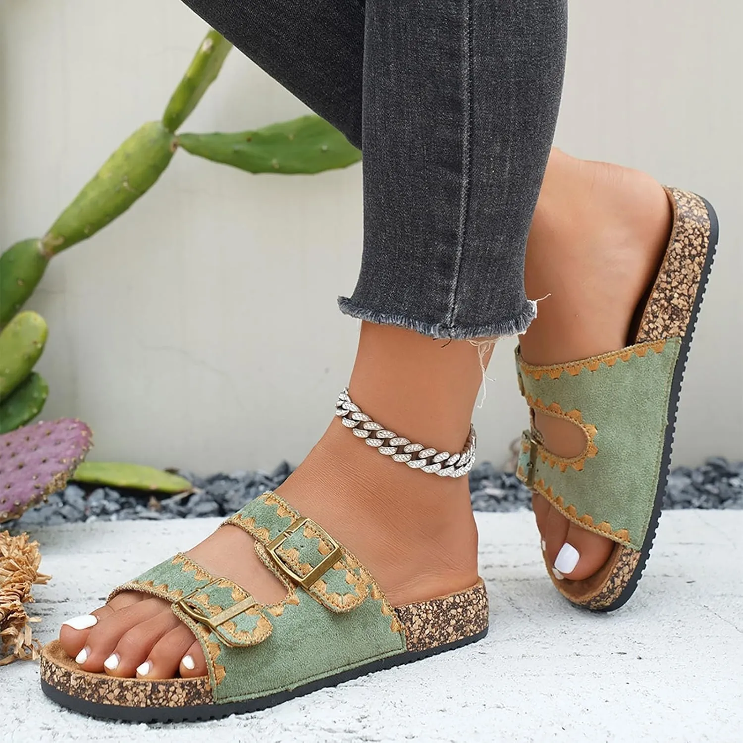 Platform Suede Sandals for Women Soft Cork Footbed Summer Slides with Adjustable Buckle Memory Foam Flat Footwear