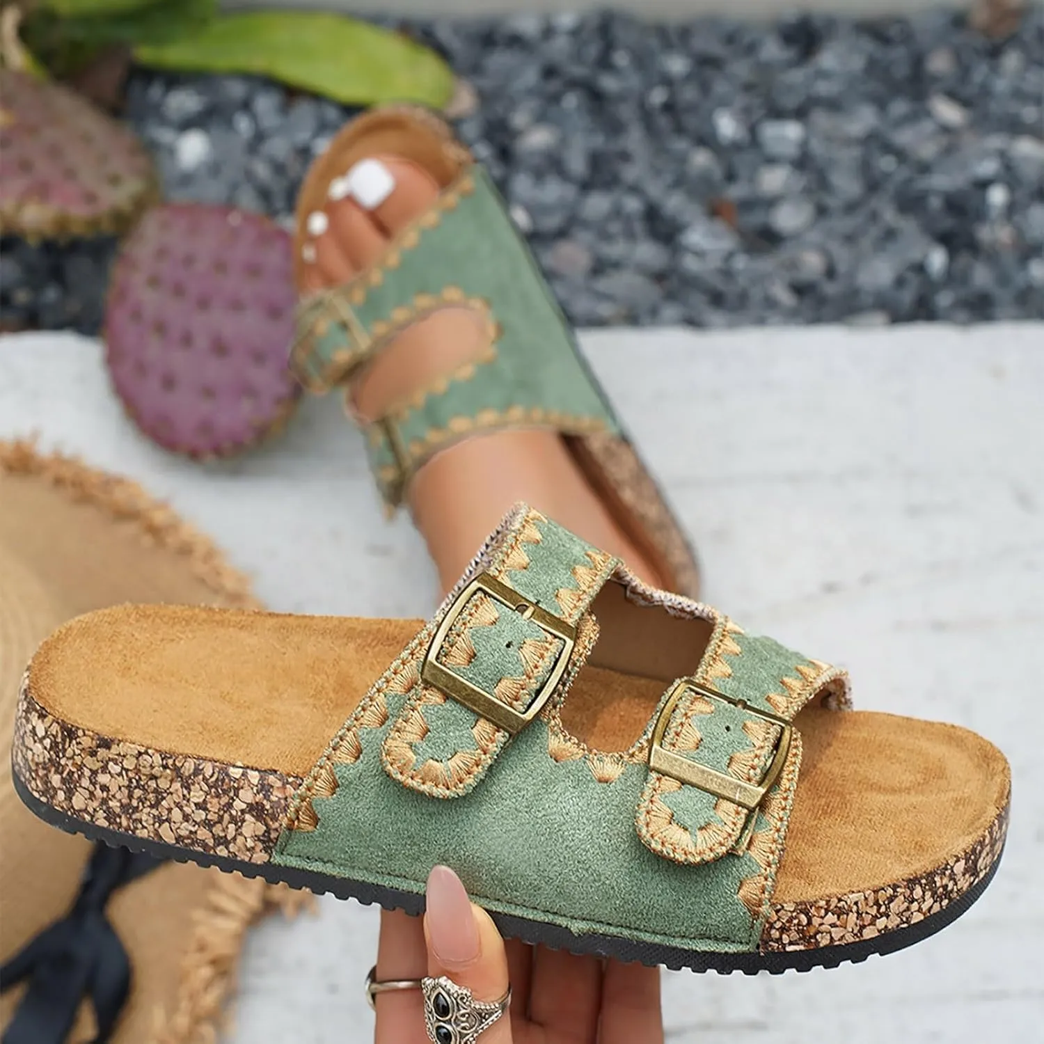 Platform Suede Sandals for Women Soft Cork Footbed Summer Slides with Adjustable Buckle Memory Foam Flat Footwear