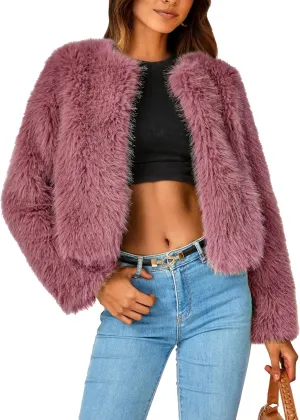 PRETTYGARDEN Women's 2025 Winter Coats Fleece Cropped Jacket Faux Fur Long Sleeve Pockets Shaggy Warm Outerwear Fall Clothes