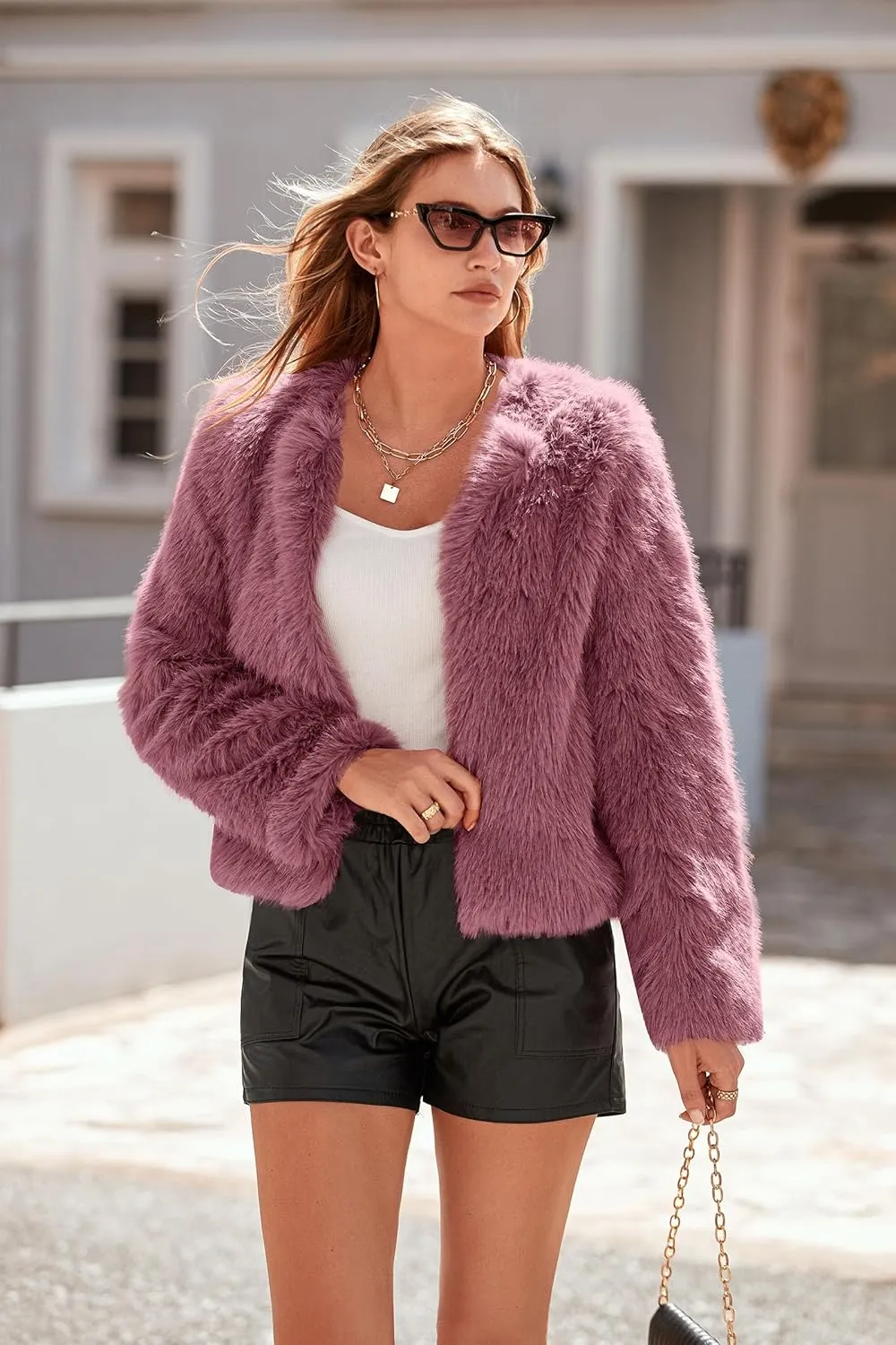 PRETTYGARDEN Women's 2025 Winter Coats Fleece Cropped Jacket Faux Fur Long Sleeve Pockets Shaggy Warm Outerwear Fall Clothes