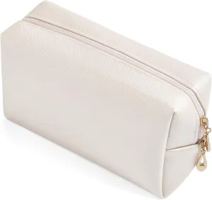 PU Leather Cosmetic Bag for Women Minimalism Makeup Bag for Daily Use Portable Storage Purse Small Neat Cosmetic Pouch Water-resistant Toiletry Bag for Travel (Ivory White)