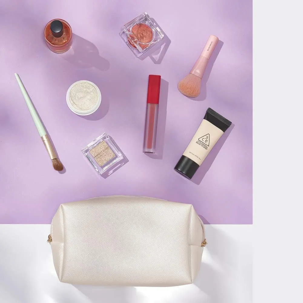 PU Leather Cosmetic Bag for Women Minimalism Makeup Bag for Daily Use Portable Storage Purse Small Neat Cosmetic Pouch Water-resistant Toiletry Bag for Travel (Ivory White)