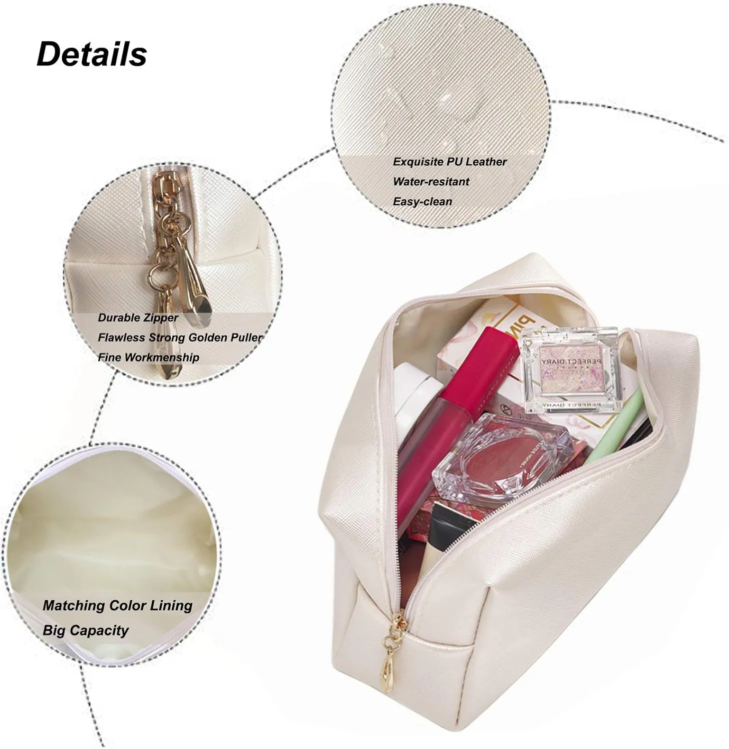 PU Leather Cosmetic Bag for Women Minimalism Makeup Bag for Daily Use Portable Storage Purse Small Neat Cosmetic Pouch Water-resistant Toiletry Bag for Travel (Ivory White)