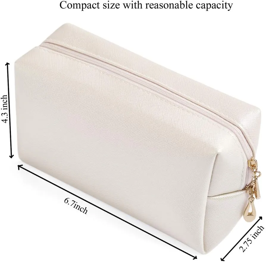 PU Leather Cosmetic Bag for Women Minimalism Makeup Bag for Daily Use Portable Storage Purse Small Neat Cosmetic Pouch Water-resistant Toiletry Bag for Travel (Ivory White)