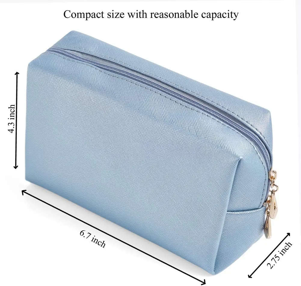 PU Leather Cosmetic Bag for Women Minimalism Makeup Bag for Daily Use Portable Storage Purse Small Neat Cosmetic Pouch Water-resistant Toiletry Bag for Travel (Light Blue)