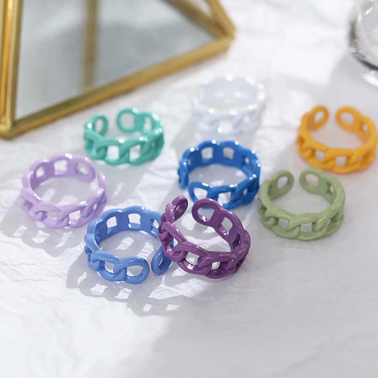 Punk Chunky Open Enameled Colorful Geometric Link Chain Stackable Adjustable Size Finger Ring Set Jewelry for Women Valentine's Day Birthday Gift