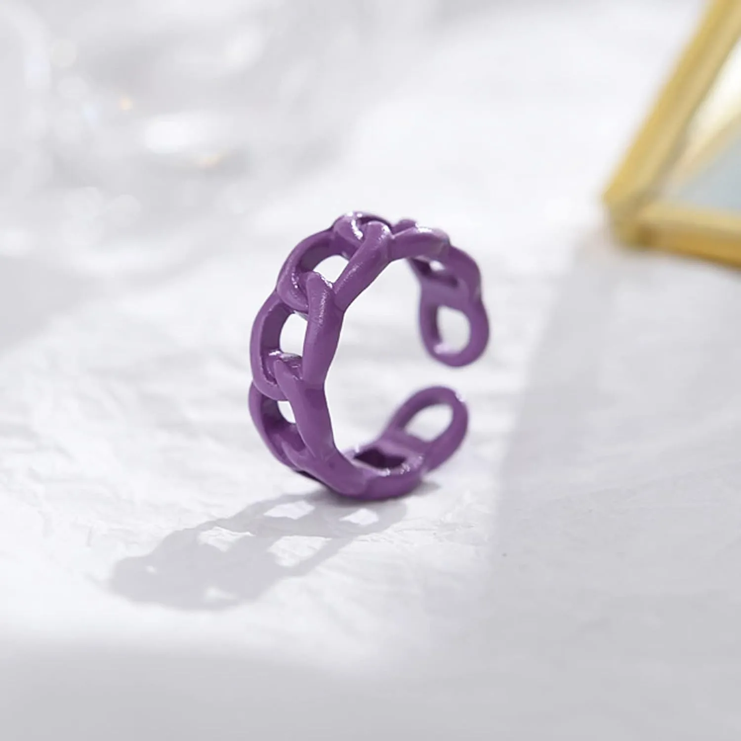 Punk Chunky Open Enameled Colorful Geometric Link Chain Stackable Adjustable Size Finger Ring Set Jewelry for Women Valentine's Day Birthday Gift
