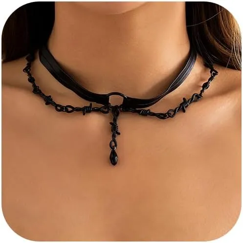 Punk Leather Choker Necklace Black Pendant Necklace Gothic Collar Chain for Women