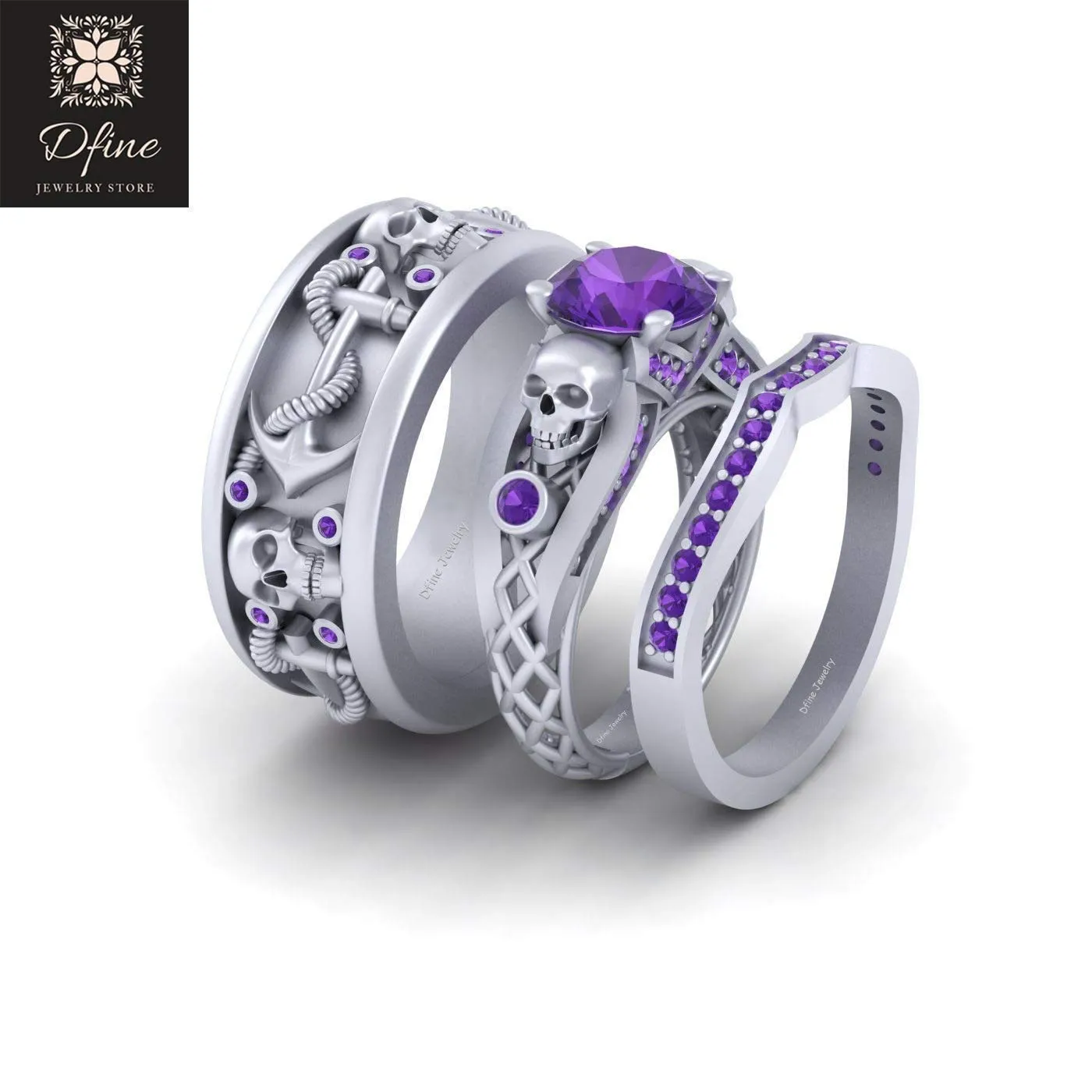 Purple Amethyst Mesh Design Skull Ring Anchor Nautical Wedding Band Skull Anchor Matching Couple Set Sterling Silver