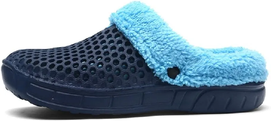 QISHENG Men's Women Mules Clogs Slip On Garden Shoes Fur Lined Slides Flip Flops Warm Winter Slipper Black