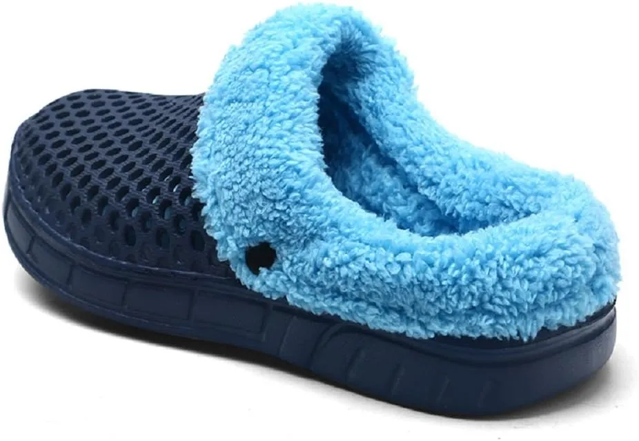 QISHENG Men's Women Mules Clogs Slip On Garden Shoes Fur Lined Slides Flip Flops Warm Winter Slipper Black