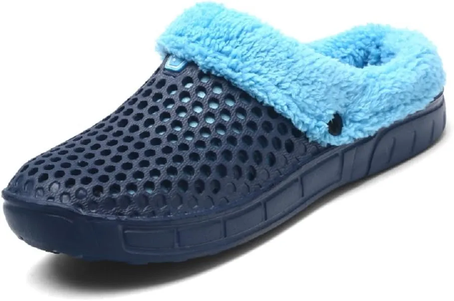 QISHENG Men's Women Mules Clogs Slip On Garden Shoes Fur Lined Slides Flip Flops Warm Winter Slipper Black