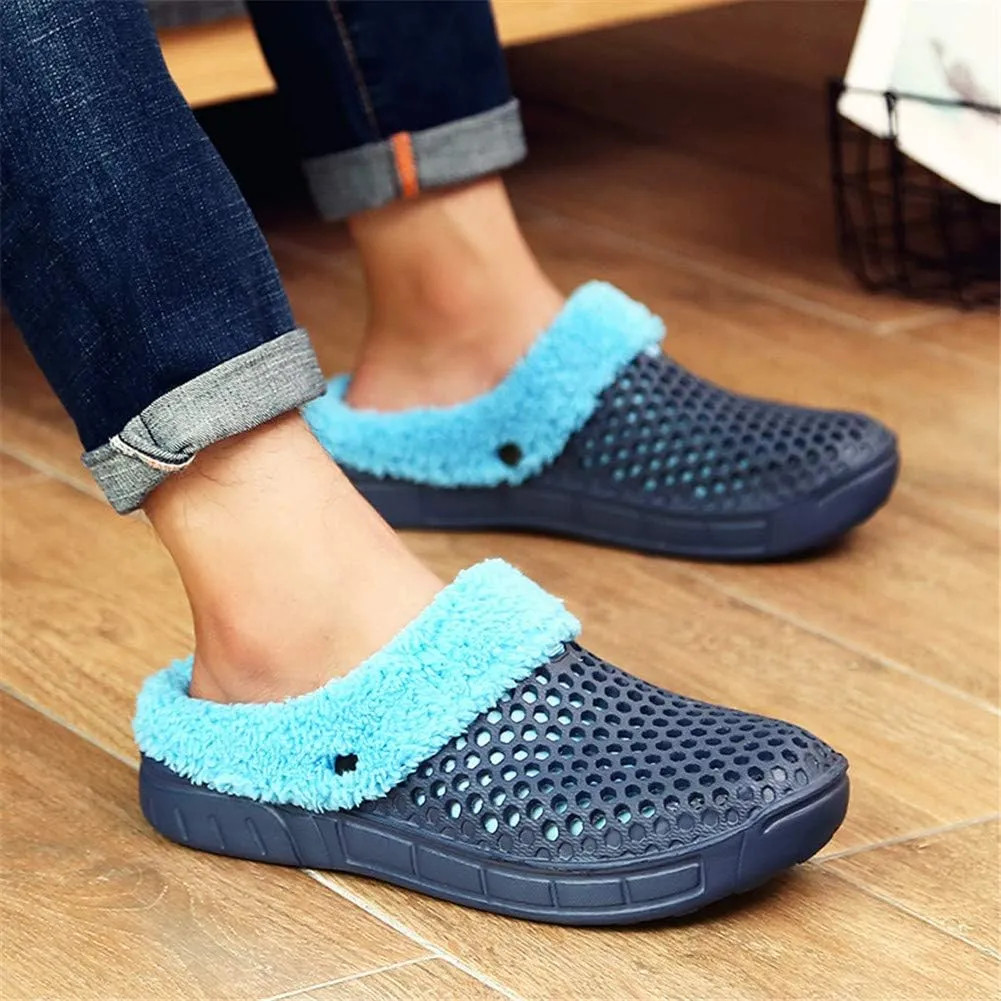 QISHENG Men's Women Mules Clogs Slip On Garden Shoes Fur Lined Slides Flip Flops Warm Winter Slipper Black