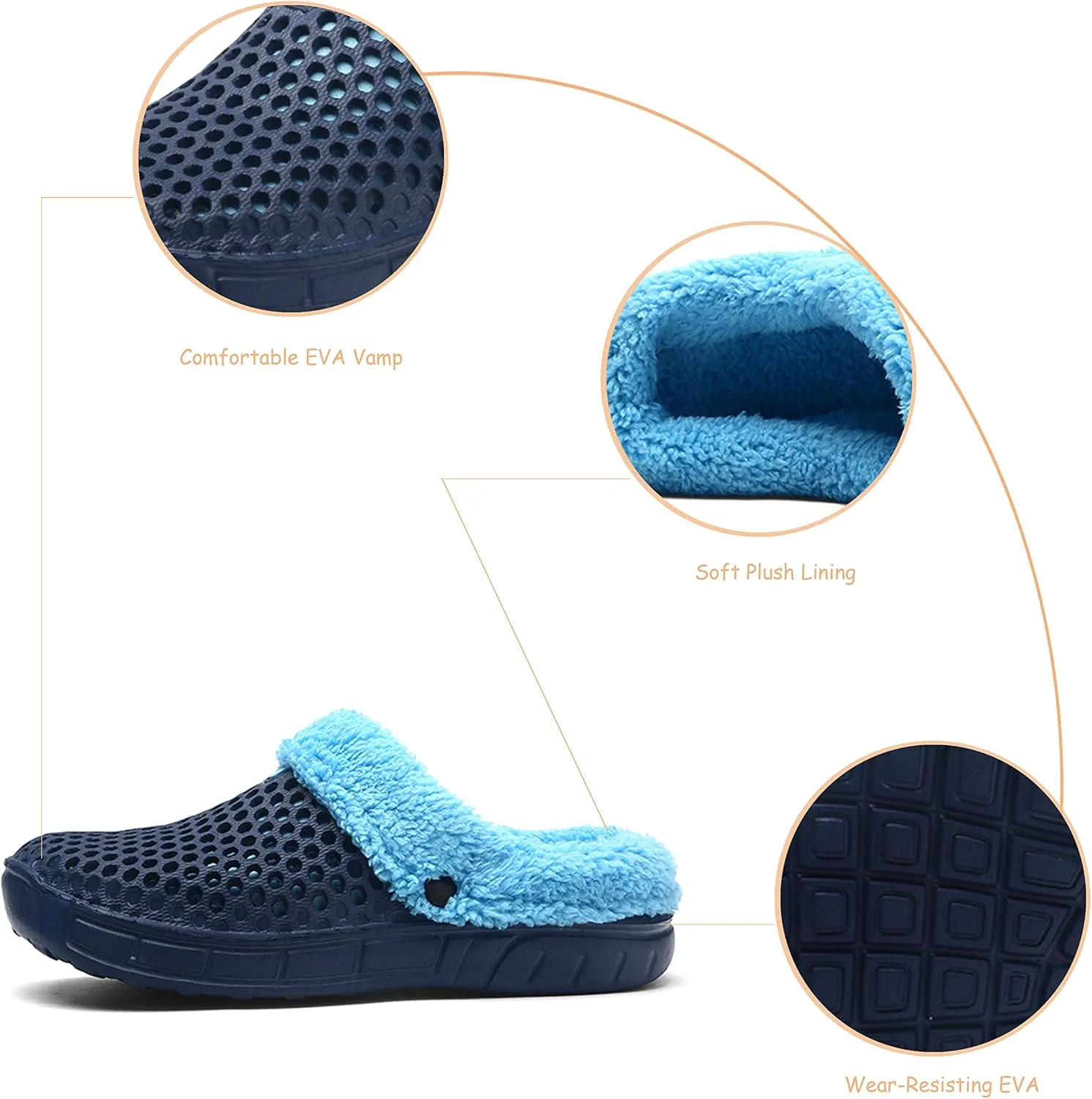 QISHENG Men's Women Mules Clogs Slip On Garden Shoes Fur Lined Slides Flip Flops Warm Winter Slipper Black