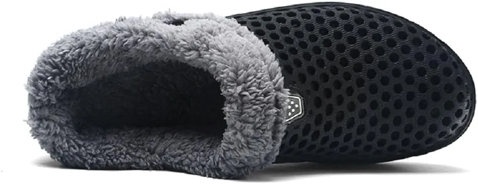 QISHENG Men's Women Mules Clogs Slip On Garden Shoes Fur Lined Slides Flip Flops Warm Winter Slipper Black