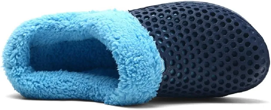 QISHENG Men's Women Mules Clogs Slip On Garden Shoes Fur Lined Slides Flip Flops Warm Winter Slipper Black
