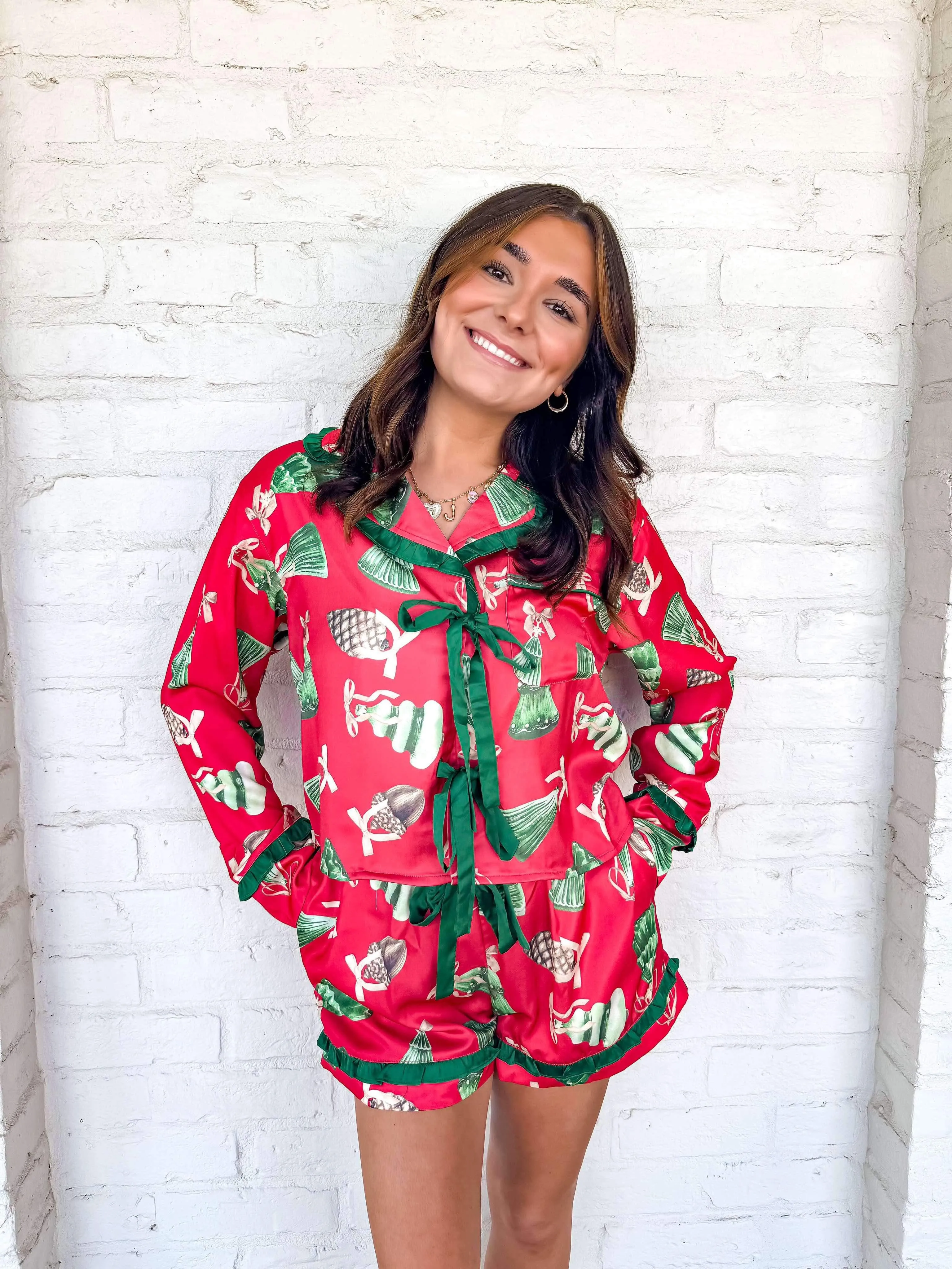 Queen Of Satin Christmas Check Print Ruffle Set Red
