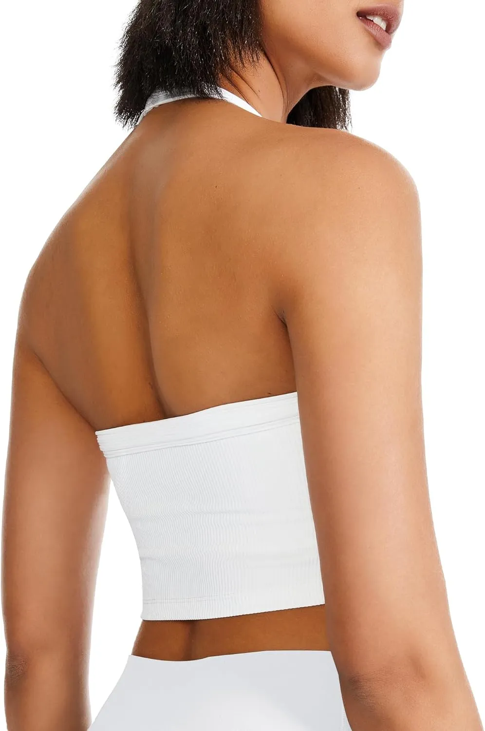 QUOJIZY Halter Sports Bra Longline Open Back Workout Top Ribbed Crop Tank Tops with Built in Bra Gym Yoga Push Up