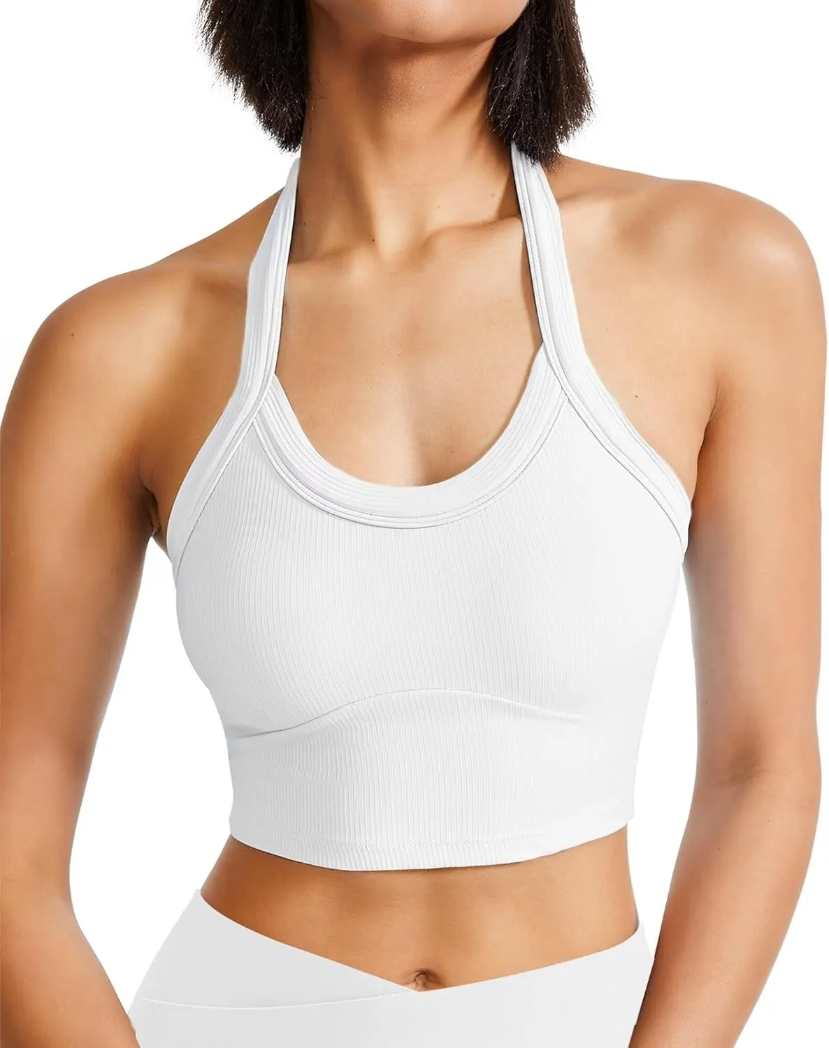 QUOJIZY Halter Sports Bra Longline Open Back Workout Top Ribbed Crop Tank Tops with Built in Bra Gym Yoga Push Up