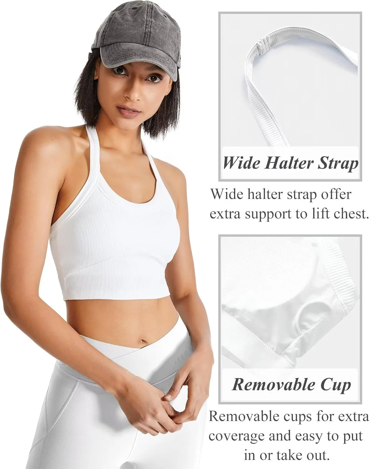 QUOJIZY Halter Sports Bra Longline Open Back Workout Top Ribbed Crop Tank Tops with Built in Bra Gym Yoga Push Up