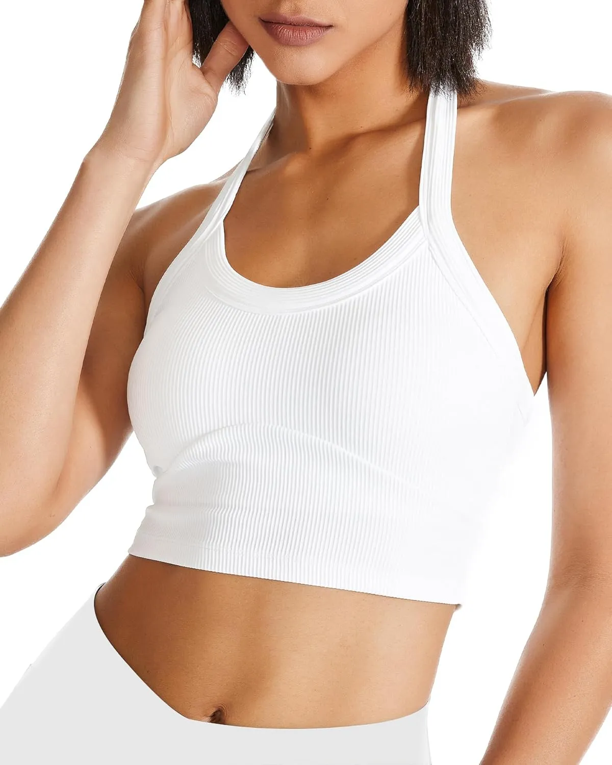 QUOJIZY Halter Sports Bra Longline Open Back Workout Top Ribbed Crop Tank Tops with Built in Bra Gym Yoga Push Up