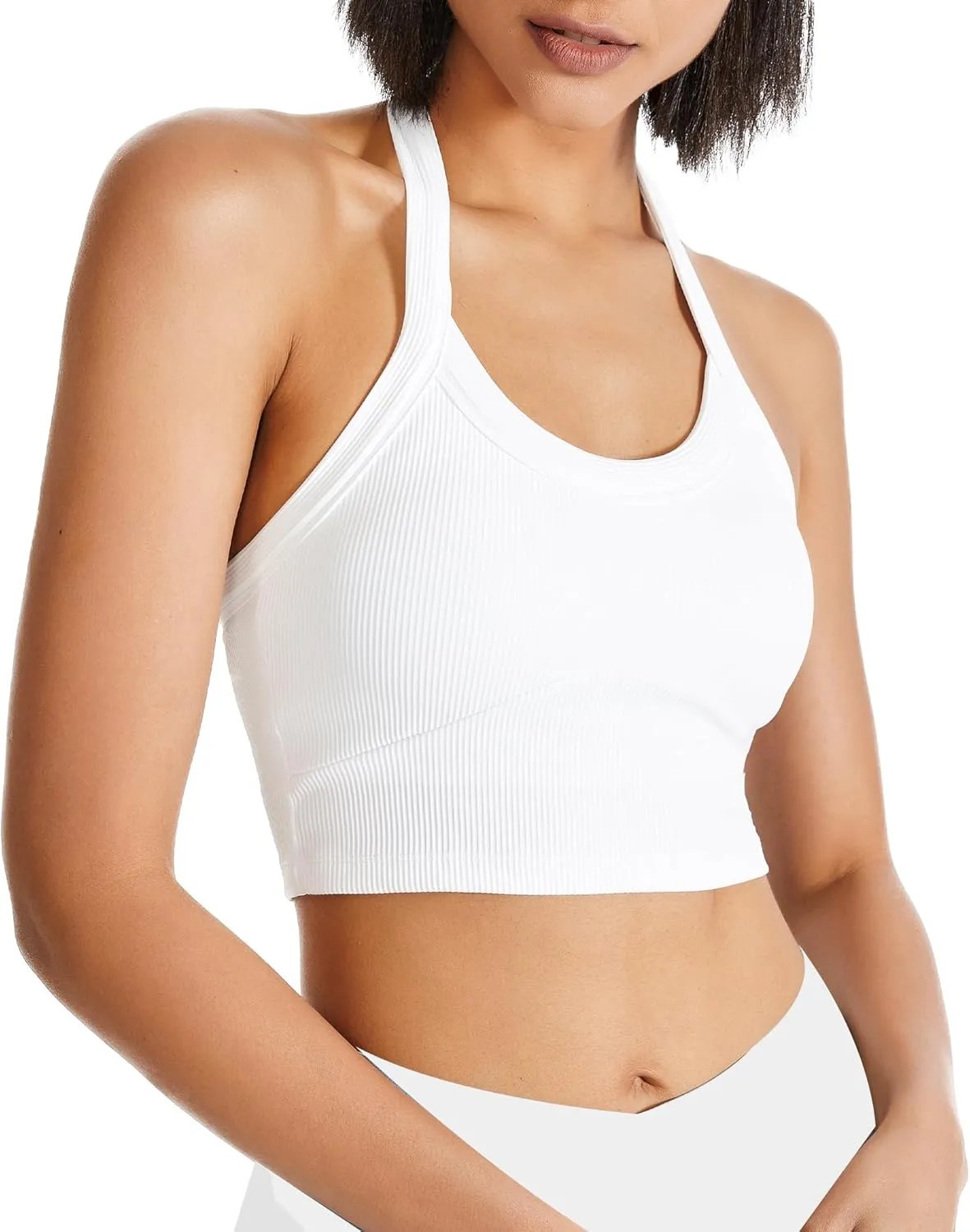 QUOJIZY Halter Sports Bra Longline Open Back Workout Top Ribbed Crop Tank Tops with Built in Bra Gym Yoga Push Up