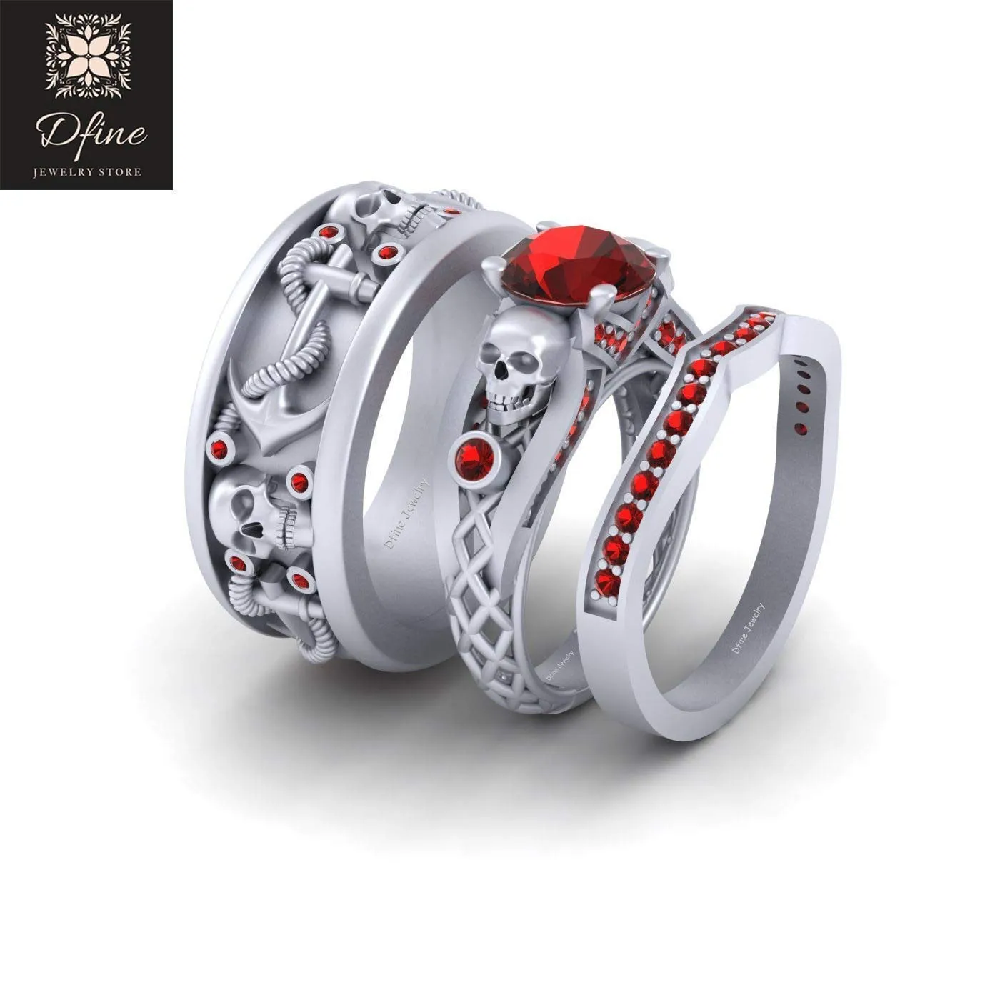 Red CZ Gothic Skull and Nautical Anchor Matching Wedding Ring Band Set Skull Couple Rings 925 Sterling Silver