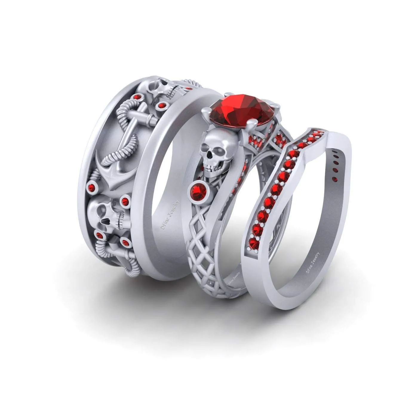 Red CZ Gothic Skull and Nautical Anchor Matching Wedding Ring Band Set Skull Couple Rings Solid 925 Sterling Silver