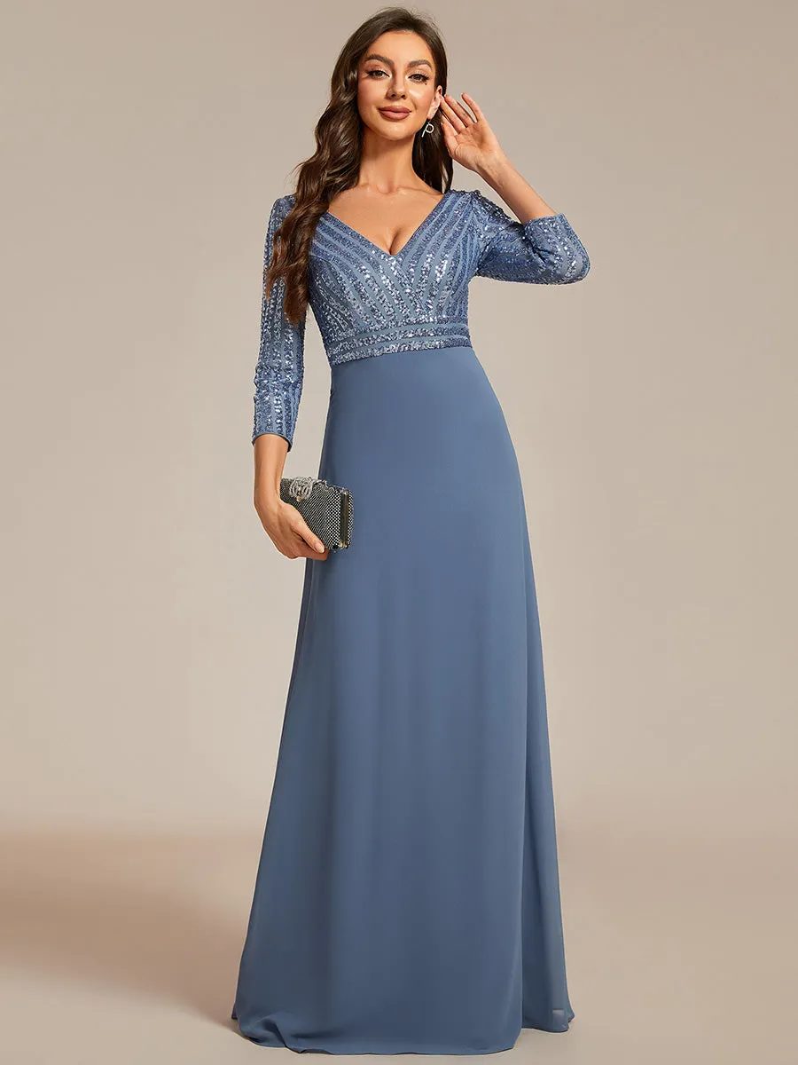 Robe de Soirée Longue Sexy à Col en V et Paillettes avec Manches 3/4