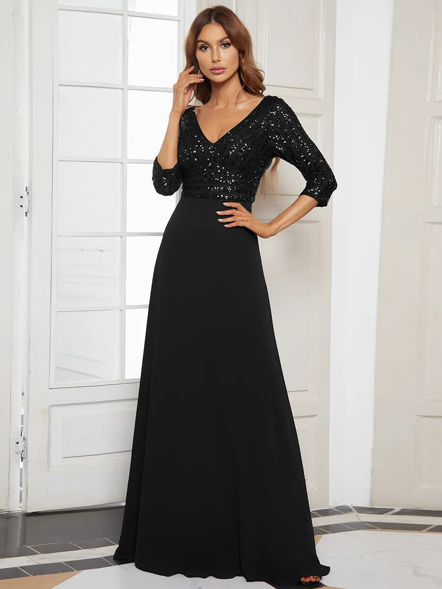Robe de Soirée Longue Sexy à Col en V et Paillettes avec Manches 3/4