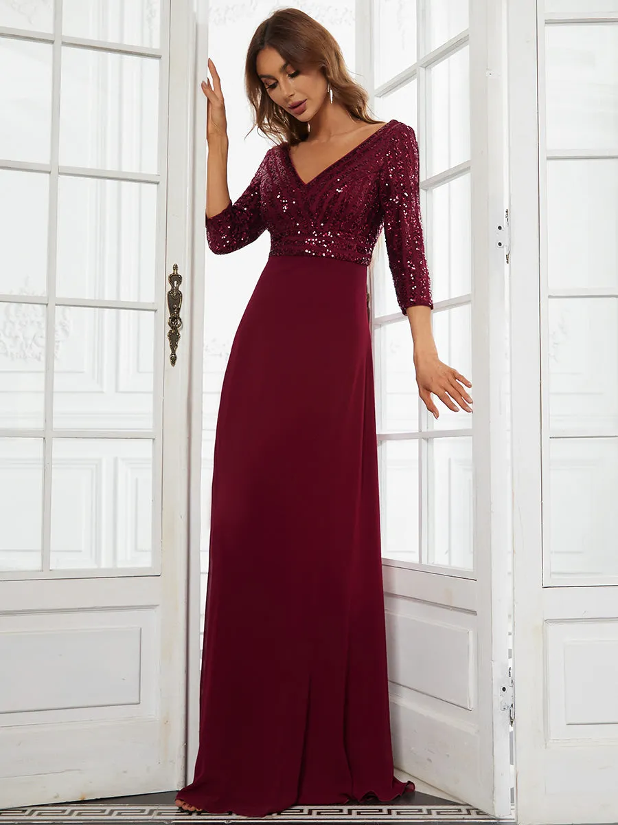 Robe de Soirée Longue Sexy à Col en V et Paillettes avec Manches 3/4